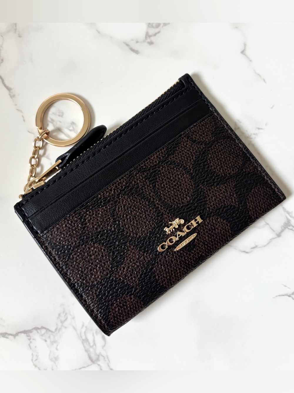 Coach Skinny Mini Id Card Case Keychain Wallet Walnut Black